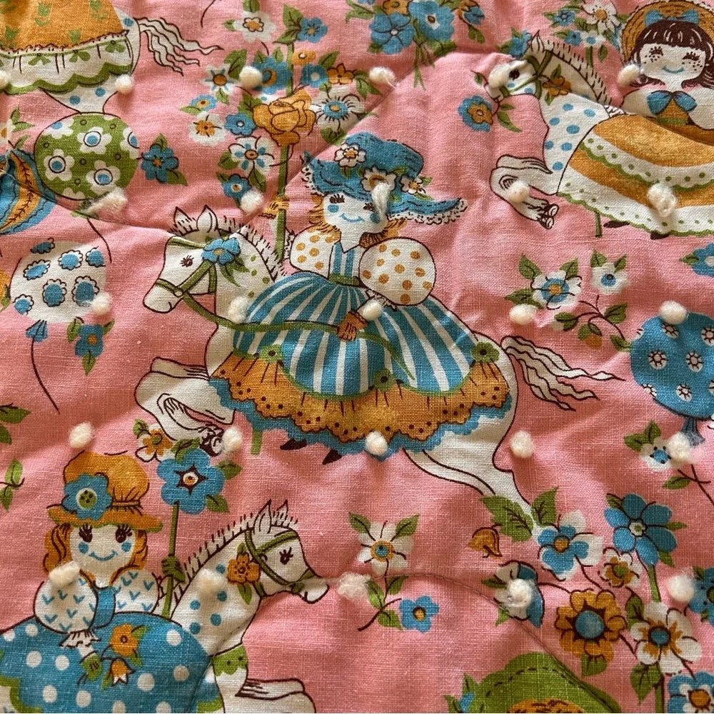 Vintage 1960's Mid Century Girl's Pink girl on carousel baby blanket 40” x 56”